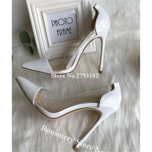 Women Elegant Brand Design Pointed Toe PVC Stiletto Heel Pump White Clear Transaprent Patchwork High Heels Formal Dress Shoes