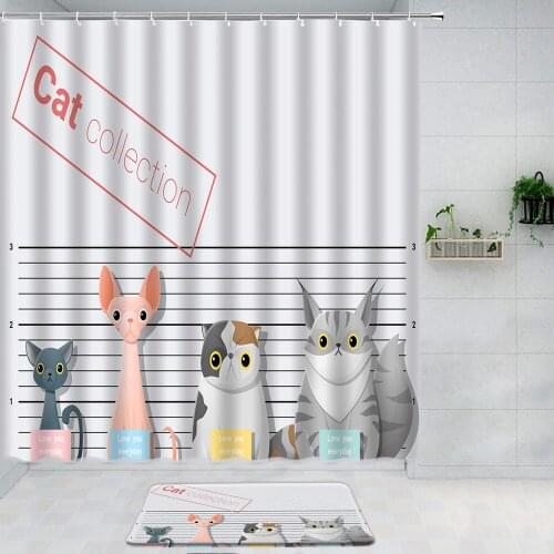Cute Cartoon Animal Cat Shower Curtain 2-Piece Set Bath Mats Rugs Anti Slip Washable Room Kitchen Bathroom Decoration Curtains