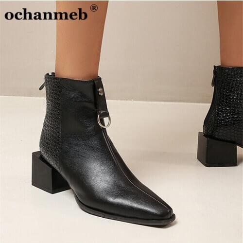 Ochanmeb Big Size 48 Ankle Boots for Ladies Autumn Winter Basic Booties Zipper Woman Women Square Heels Short Biker Boots New