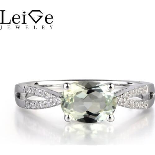 Leige Jewelry Natural Green Amethyst Gem Prong Setting Oval Shape Anniversary Rings Wedding Bands For Woman 925 Sterling Silver