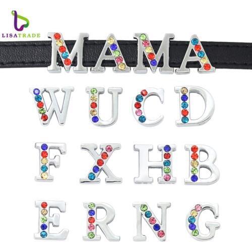 130PCS 8MM Half colorful Rhinestone Slide Letters English Alphabet A-Z charms Fit DIY Wristband /Pet Collar LSSL027*130