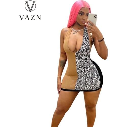 VAZN 2020 Strap Sleeveless Simple Casual Leopard Patchwork Mini Dresses Evening Gown Women Elegant Sexy Dress