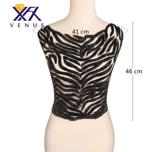 XFX VENUS Retail Handmade Black Sexy Beads Patches Large Applique Beaded Dress Embellishment for Clothing Evening Dresses