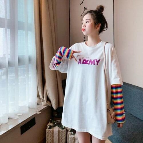 Harajuku Long Sleeve T-shirts Womens Girls Rainbow Striped Fake Two Pieces Sweatshirts Kawaii Pullover Students Casual Tops Tee