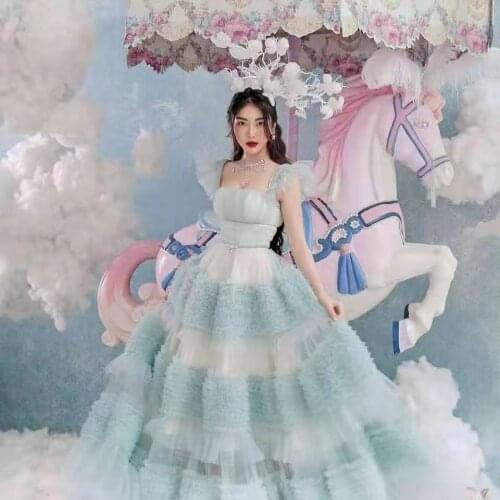 New Sky Blue Square Collar Cascading Ruffle Mesh dress Patchwork A-Line wedding party Floor-Length women vacation party vestidos