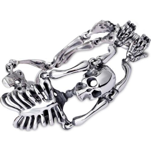 Granny Chic Mens Cool Silver Stainless Steel Gothic Skeleton Skull Link Chain Punk Bracelet Hip Hop 8.66"