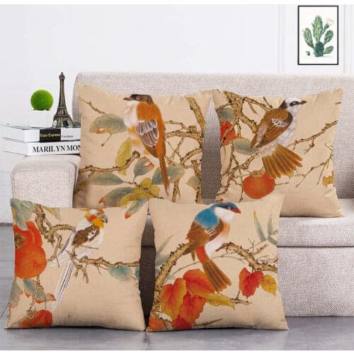 Chinese fine brushwork painting persimmon bird Cushion Cover Linen Throw Pillow Car Home Decoration Decorative Pillowcase T365