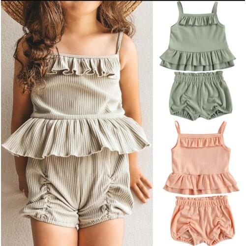 Summer Toddlers Baby Girl Clothing Solid Color Ruffle Sleeveless Suspender Top Vest Casual Pleated Shorts Set 2pcs