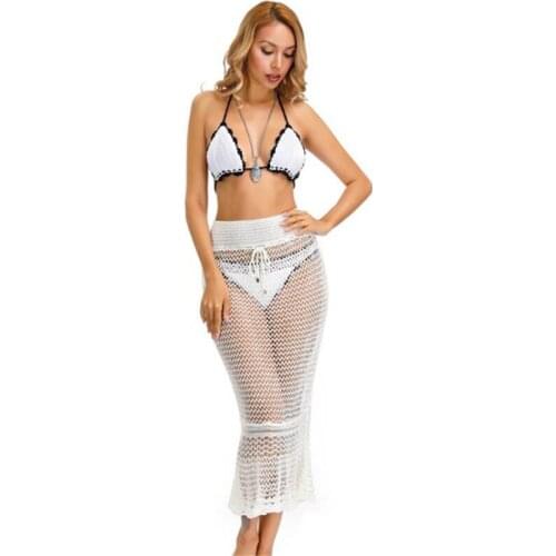 Summer Crochet Skirts Long Womens Bikini Cover Up 2021 High Waist Beach Casual Skirts Women Solid Wrap Knitting Swimwear