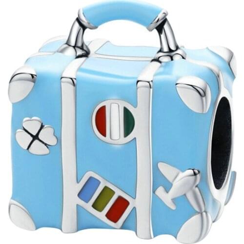 Cute Sky Blue Glaze Suitcase Beads for Jewelry Making Fit Pan Heart Aircraft Bag Trunk Charms Bracelet for Women DIY Girl Bangle