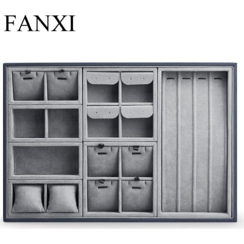 Fanxi Jewelry Display Tray Velvet Ring Necklace Organizer Tray Gray Bracelet Display Storage Case Multifunctional Necklace Box