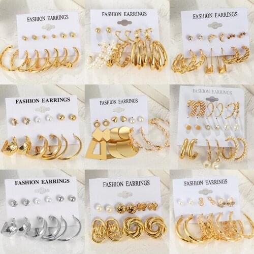 Fashion Vintage Pearl Geometric Earrings Sets For Women New Gold Metal Hanging Earrings 2021 Trend Female Modern Party Jewelry