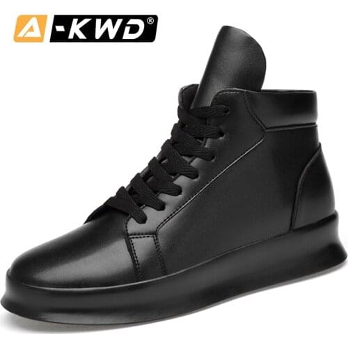 Black High Top Mens Shoes Casual Leather Chaussures Homme Cuir Lace-up Elevator Shoes for Men Autumn Fashion Shoes 2019 Luxury