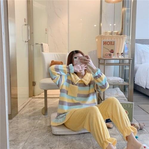 Pajamas autumn/winter long sleeve+trousers cartoon bathrobes home service suits womens casual loose pijama feminino inverno