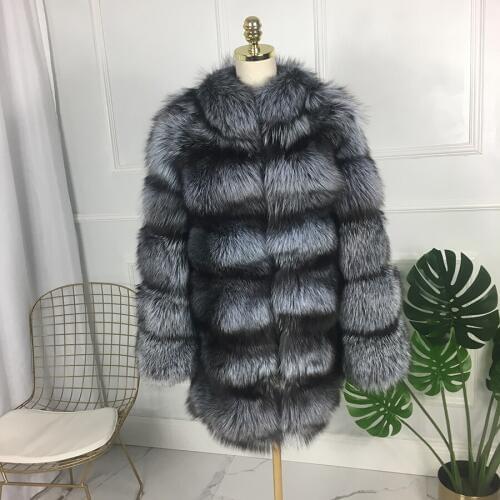 Luxury winter thick warm sliver fox fur coat Medium long Winter Fur Jacket Genuine Fox Fur jacket standing collar