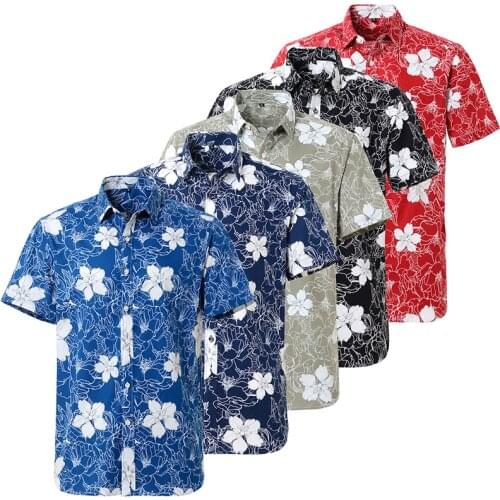 Hawaii Mens Shirt European Size Short Sleeve Pure Cotton Regular Fit Beach Floral Poplin Square Collar