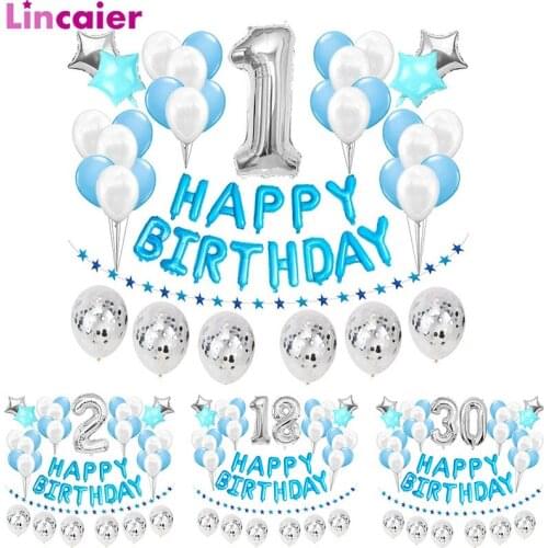 37pcs Silver Number 1 2 3 4 5 6 7 8 9 Years Old Blue Balloons Happy Birthday Party Decorations Kids First Baby Boy Prince 18 30