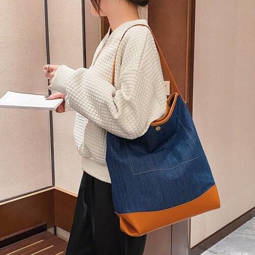 Large Capacity Women Canvas Handbags Sac Women Denim Blue Shoulder Bags Hand Solid New Casual Tote Bags Female Bucket Bag Bolsa