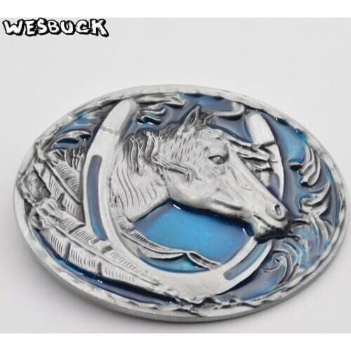 WesBuck Brand Horseshoes Blue Metal Belt Buckles for Man Unisex Western Buckles Cowgirl Horse Buckle With PU Belt Festival gifts