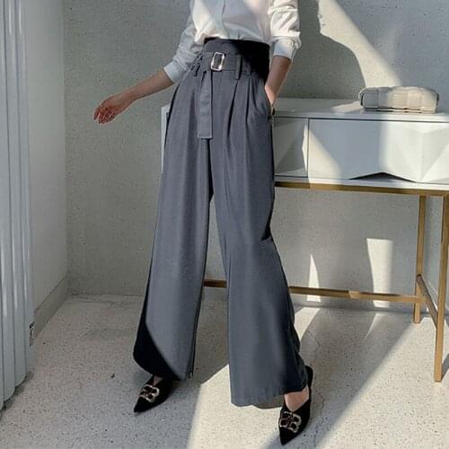Hot Sale Korean Fashion Loose Wide Leg Pants Women High Waist Black Elegant Long Suit Pants With Belt Spring Summer 2021