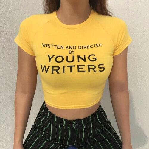 Womens Letter Print T-Shirts Casual Short Sleeve Round Neckline Slim Fit Crop Tops