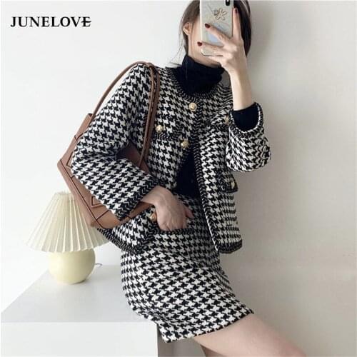 JuneLove Korean Houndstooth Vintage Suits Women 2 Piece Set Knitted Cardigan Coat + Bodycon Skirts Suits Casual Office Lady Sets