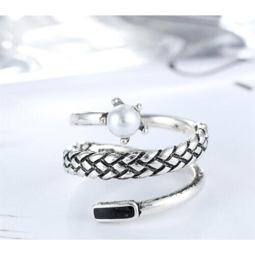 Sole Memory Multi-layer Retro Pearl Serpentine Dripping Glaze 925 Sterling Silver Female Resizable Opening Rings SRI329