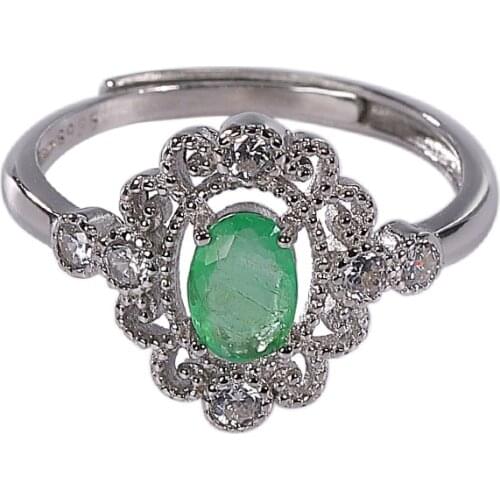 S925 sterling silver inlaid natural emerald open ring hollow affordable luxury fashion personality egg noodle ring