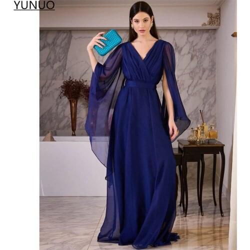 YUNUO Royal Blue A Line Chiffon Evening Dresses Long Sleeves V Neck Prom Gowns Womens Formal Party Dress vestidos de fiesta