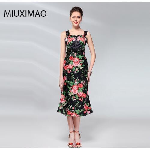 MIUXIMAO 2021 Spring New Arrival Casual A-Line Square Collar Sleeveless Lace Patchwork Flower Print Fashion Mid-Calf Dress Women
