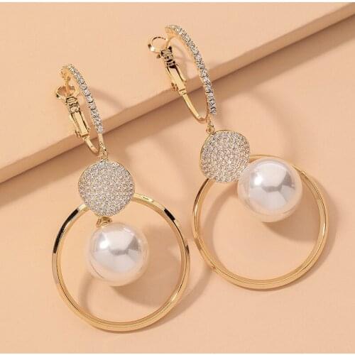 2021 New Fashion Korean Oversized White Pearl Drop Earrings for Women Bohemian Golden Round Zircon Wedding Earrings Jewelry Gift