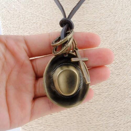 3 Colors Factory Direct Hotselling Cool Rock The Cowboy Hat Pendant Genuine Leather Long Chain Necklace Vintage Design