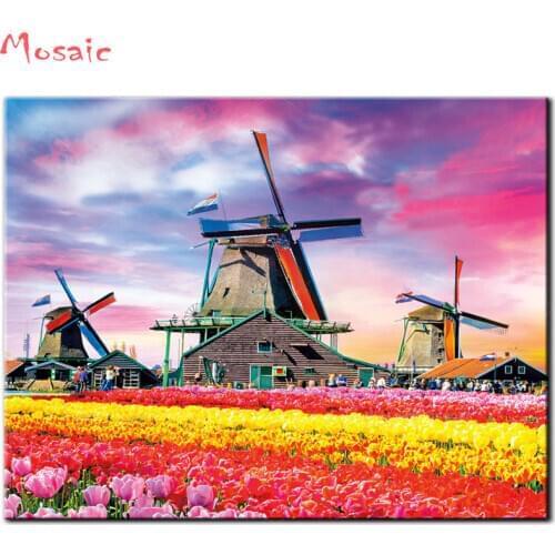 Flower Diamond Painting Full square,Dutch windmills diamond Mosaic wall Painting Cross Stitch diamond Embroidery gift