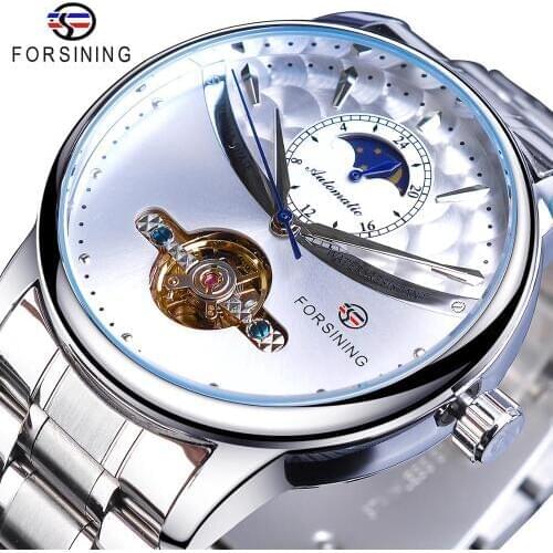 Forsining Men Watch Automatic Mechanical Tourbillon Sun Moon Clock White Business Stainless Steel Band Wristwatch Relojes Hombre