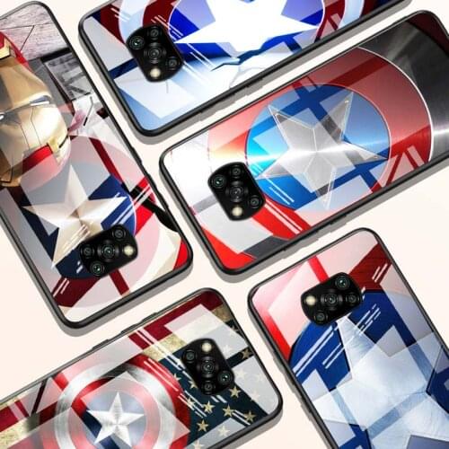 Captain America shield Marvel for Xiaomi POCO X3 NFC F3 M2 X2 F2 Redmi K30 Redmi Note 9 Pro Luxury Tempered Glass Phone Case