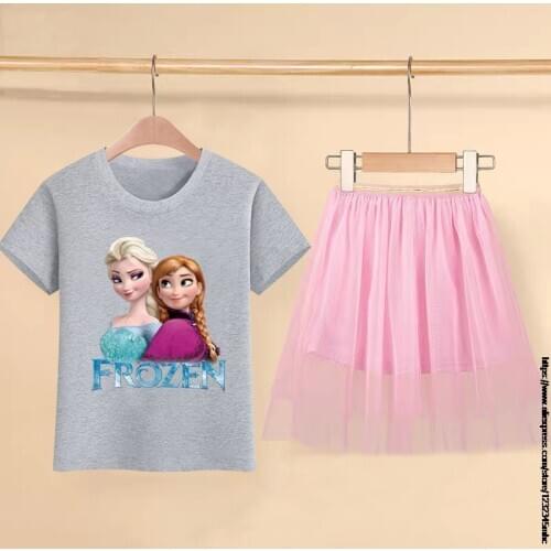 Disney New Cartoon Frozen Elsa Anna Girls 2 pcs Dress New Summer Toddler Birthday Party Dress Short Sleeve Cartoon Dress