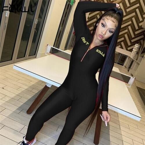 FQLWL Letter Print Streetwear Sexy Black Rompers Womens Jumpsuit Female Zipper Long Sleeve Bodycon One Piece Jumpsuit Women 2020