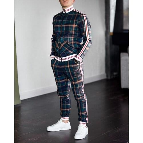 Gentlemans Tracksuit Flower Plaid Mens Suit Jacket + Pants Sports High Quality 3D Printing Zipper Two-Piece Set Spot Europe 3XL