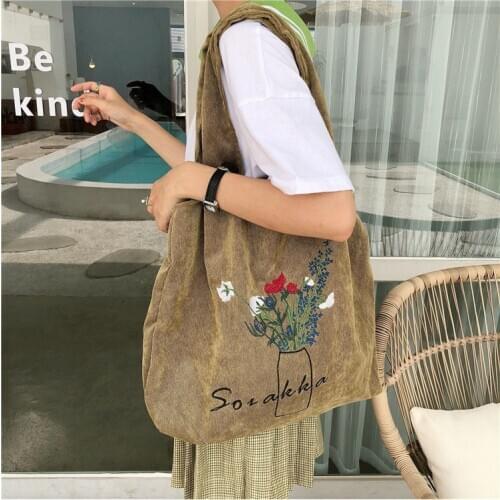 Women Embroidery Canvas Shopping Bags Lady Corduroy Shoulder Bag Large Capacity Eco Cotton Cloth Handbag Tote