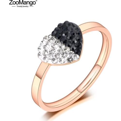 ZooMango Stainless Steel White/Black Rhinestone Heart Rings Jewelry For Women Girls Trendy Rose Gold Love Wedding Rings ZR19104