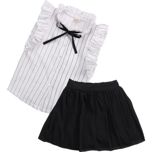 2017 2-7Y Cute Formal Newborn Baby Girl Princess Sleeveless Turn-down Collar Single Breasted Striped Shirt Tops Black Skirt 2PCS