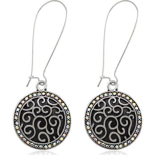Vintage Round Totem Pendant Earrings Rhinestones Handmade Ethnic Style Feminine Charm Earring Vacation Beach Jewelry