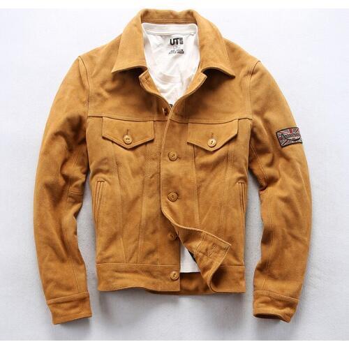 AVFLY 2019 Men Genuine leather jacket Fashion Spring/Autumn Single-breasted Suede cowhide embroidery Motorcycle Leather jackets