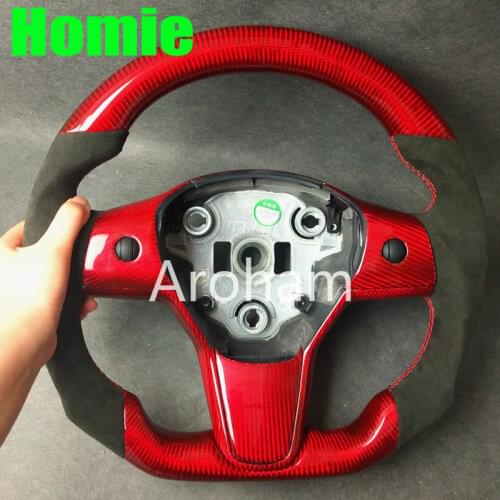 Real Gloss Carbon Fiber Steering Wheel With Suede Sport Style For Tesla Model 3 Model Y 2017 2018 2019 2020 2021 2022