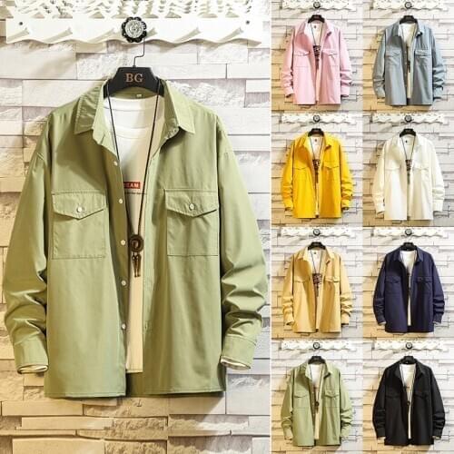 2021 New Men Clothes Autumn Japanese Style Hip Hop Front Pockets Turn-down Collar Long Sleeve Shirts