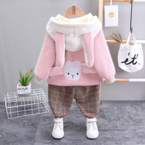 Baby girl clothes girl winter plush cotton two-piece suit cartoon thick hooded jacket plaid pants warm casual outerwear suit