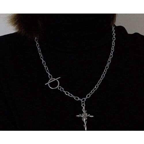Dark Flower Cross Pendant Necklace OT Buckle Sweater Chain for Women Vine Entwined Clavicle Cross Design Chain Trendy Girl