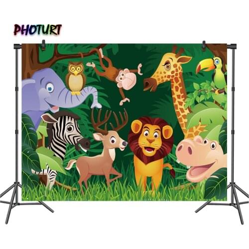 PHOTURT Wild Safari Backdrop Boy 1st Birthday Decorate Background Jungle Lion Monkey Zebra Banner Studios Photography Props