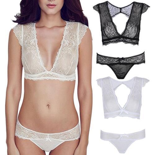 Sexy Full Lace Thin Cup Deep V Transparent Vest Bra + Perspective Briefs Set
