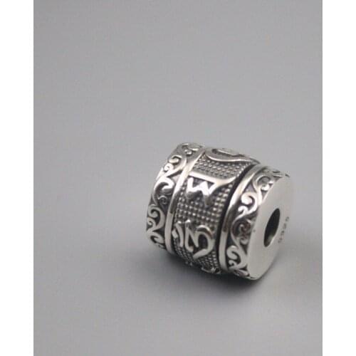 Pure 925 Sterling Silver Pendant Bless Lucky Mantra Pattern Column Bead Pendant For Men Women Gift 13*14mm